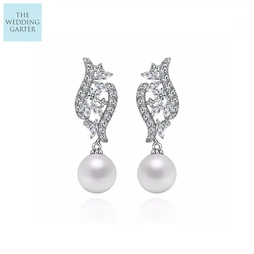 Pearl & Cubic Zirconia Pendant Drop Bridal Earrings