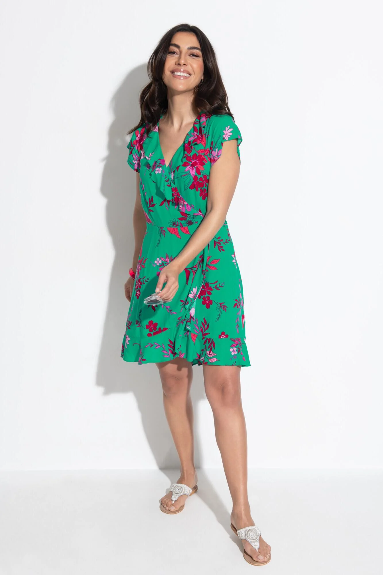 Penny Frill Wrap Beach Dress - Green/Pink