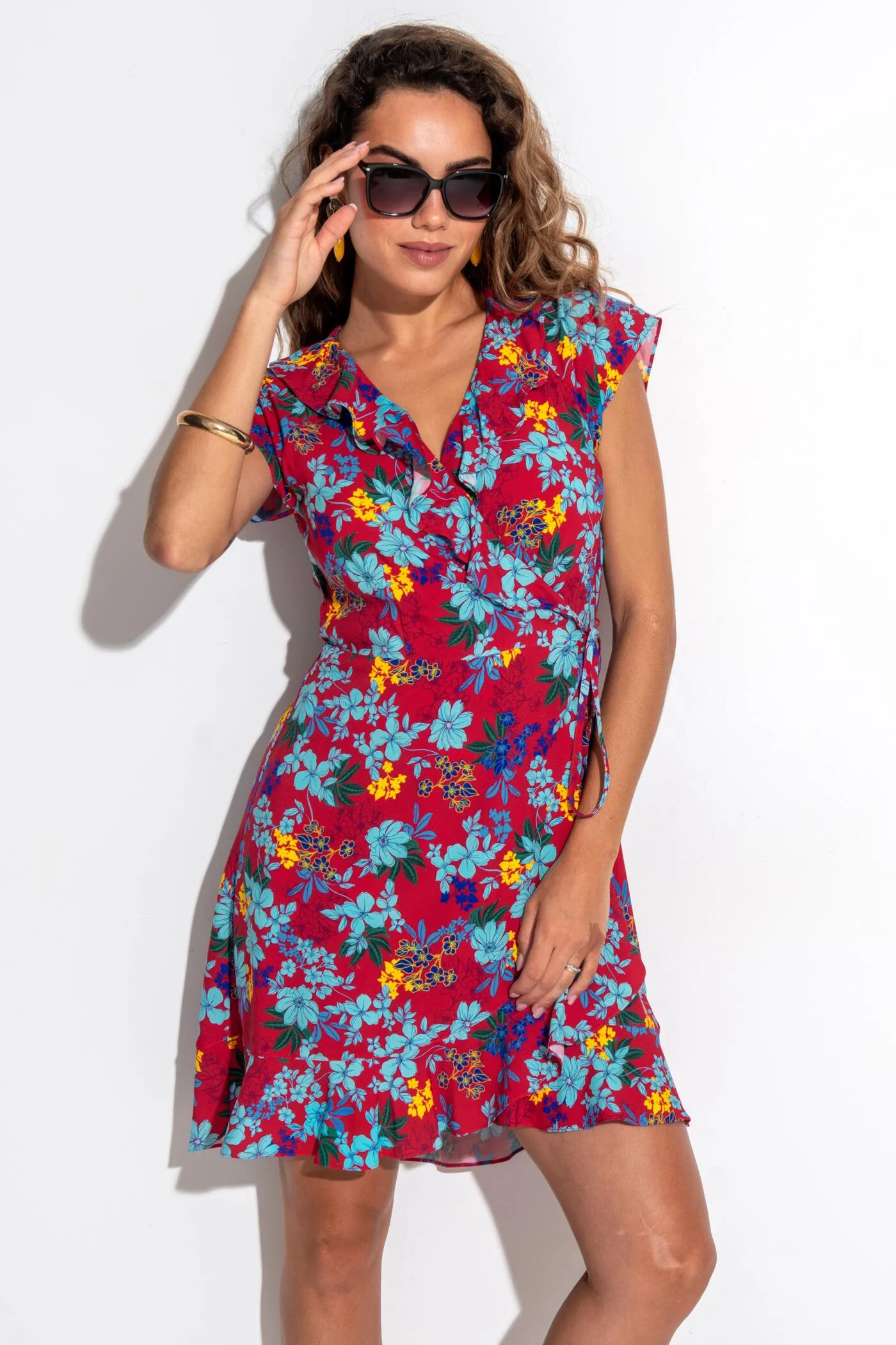 Penny Frill Wrap Beach Dress - Red Floral