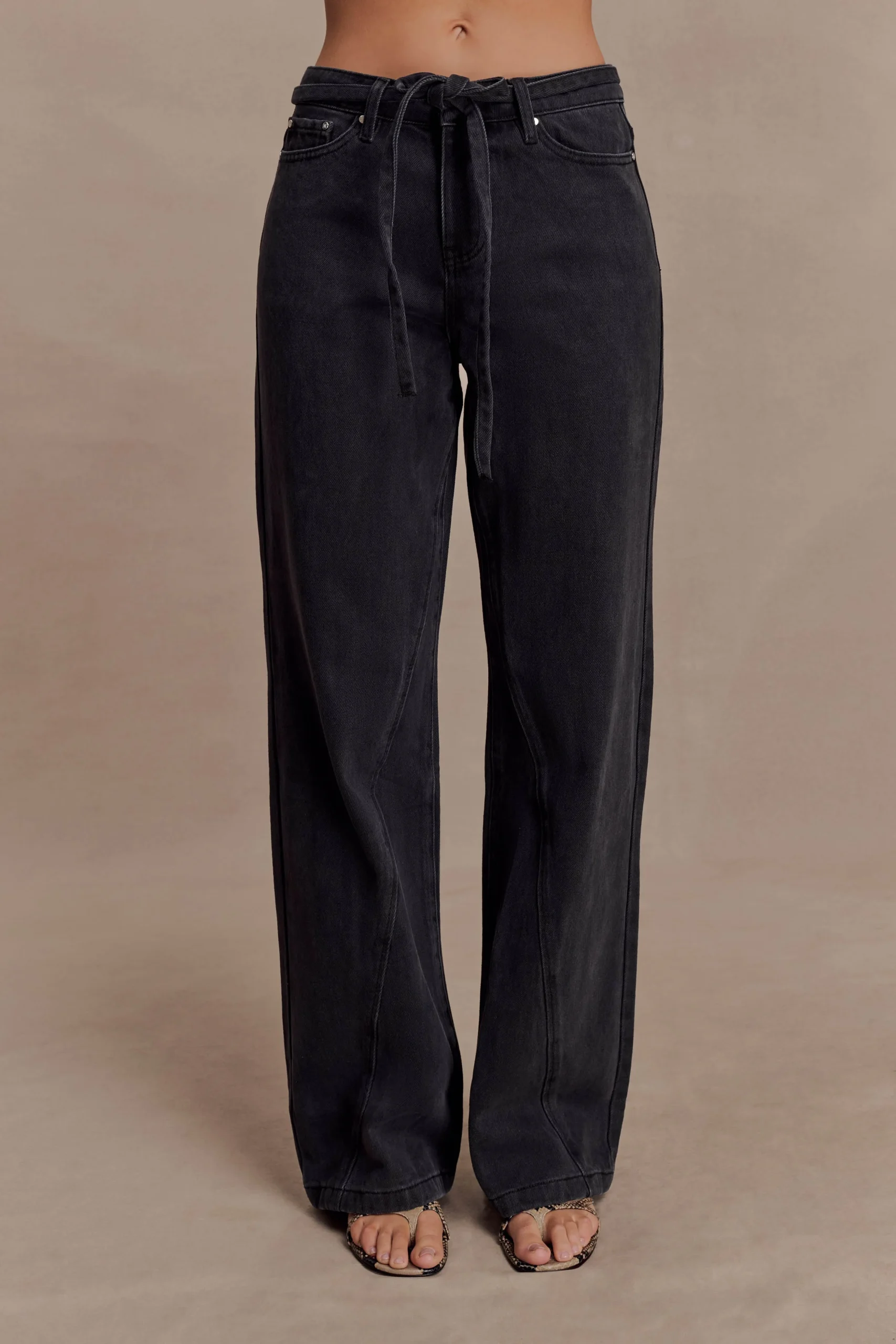 PerrieMid Rise Straight Leg Tie Jeans - Washed Black