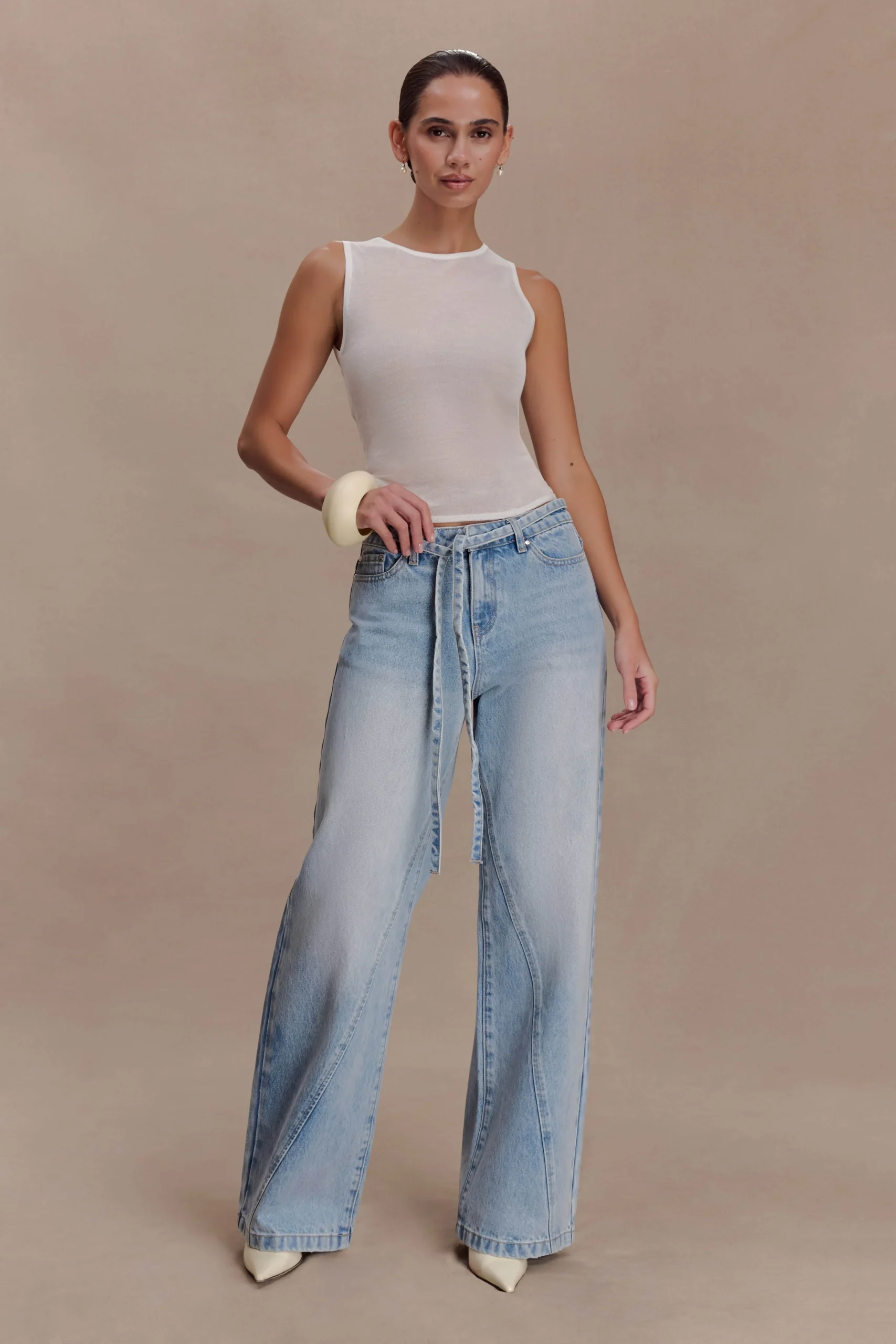 PerrieMid Rise Straight Leg Tie Jeans - Washed Light Blue