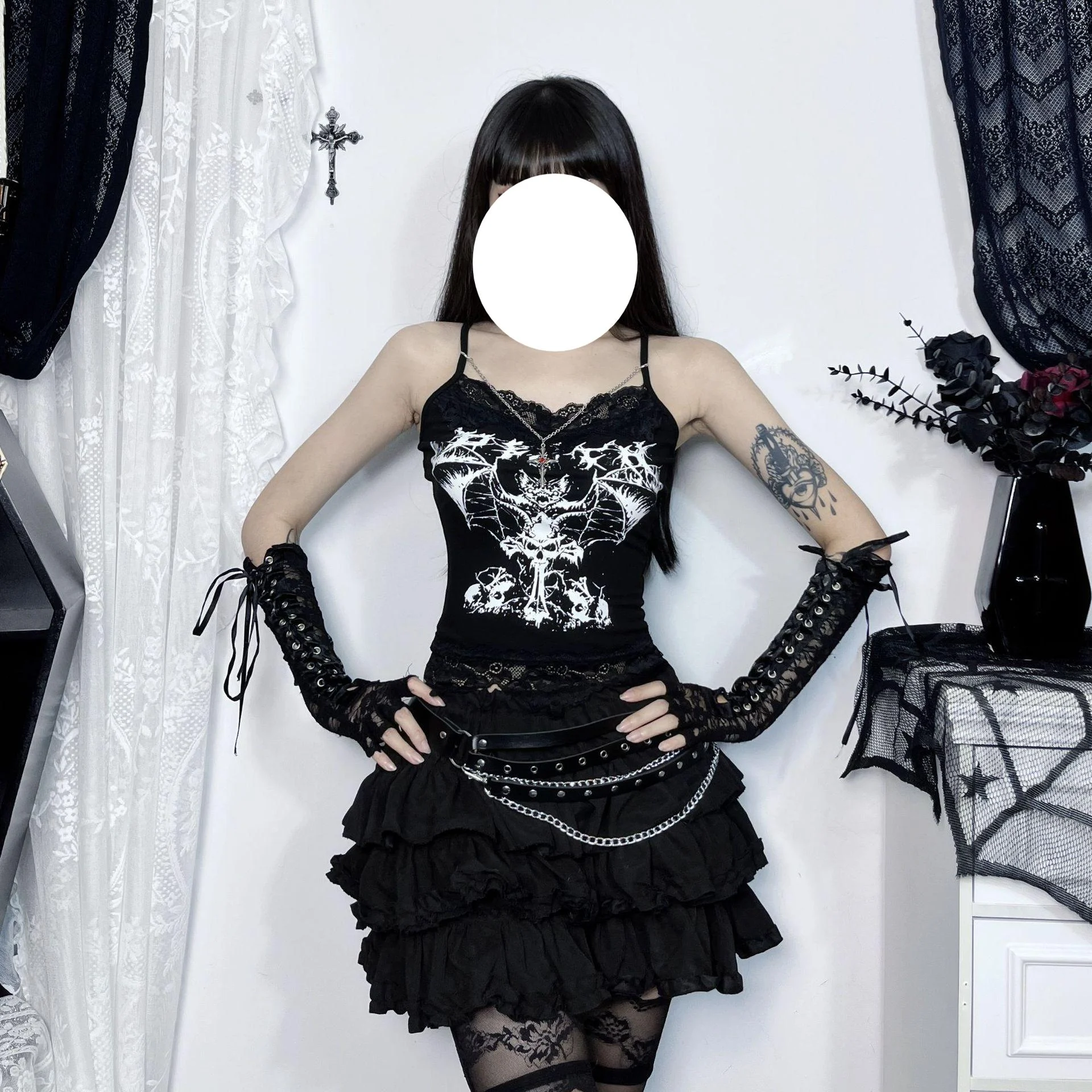 Personalized Bat-printed Chain Strappy Top