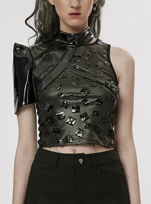 Personalized Black And Bright Patent Leather Splicing Mesh Unique Futuristic Pattern And Four Part Buckle Punk Style Harness