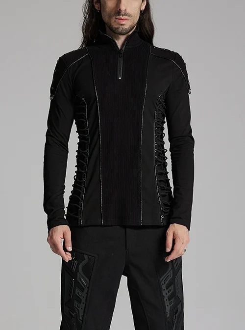 Personalized Black Cashmere Like Knitted Stitching Elastic Fabric Side Eyelets With Drawstring Embellishment Punk Style Stand Up Collar Long Sleeved T-Shirt