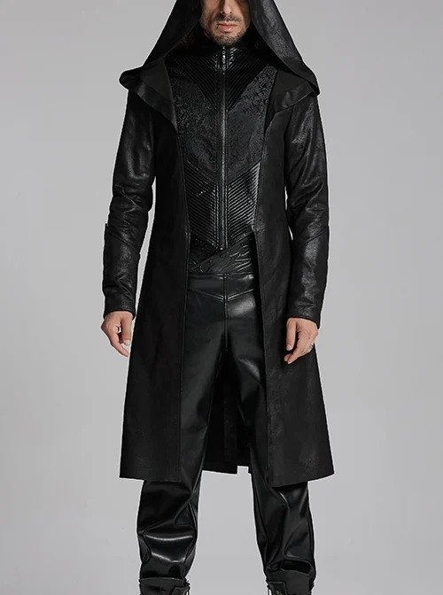 Personalized Black Cracked Leather Splicing Pleated Jacquard Woven With Adjustable Back Waist Design Gothic Style Hooded Long Sleeved Jacket
