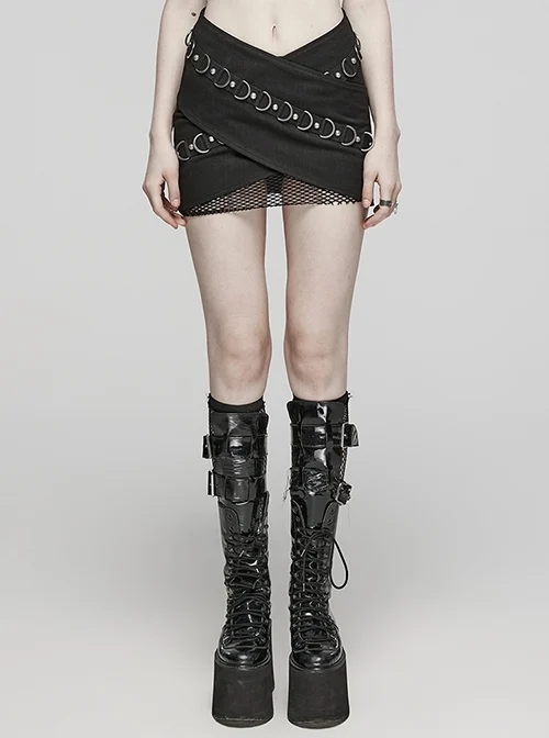 Personalized Black Cross Twill Spliced Mesh Front D Shaped Buckle With Studs Embellished With Punk Style Layered Skirt
