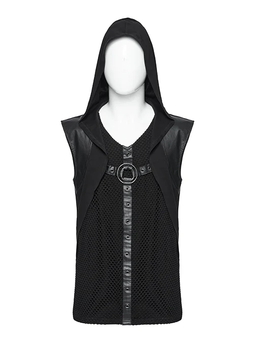 Personalized Black Elastic Knitted Mesh Fabric With Metal Ring Decoration In The Front Center Punk Style Loose Hooded Vest
