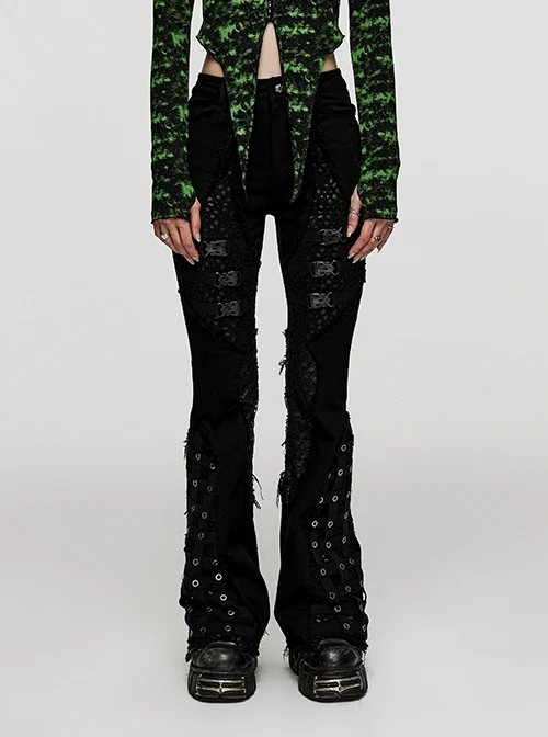 Personalized Black Elastic Taped Patchwork Mesh Side Webbing With Metal Eyelet Decoration Punk Style Slightly Flared Trousers