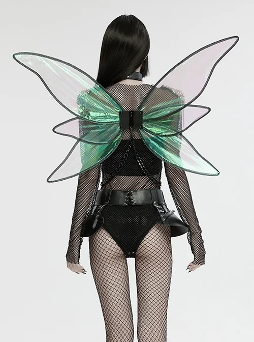 Personalized Black Fantasy Color Simulation Elastic Rubber Band With Hanging Neck Chain Punk Style Fluorescent Butterfly Wings Harness
