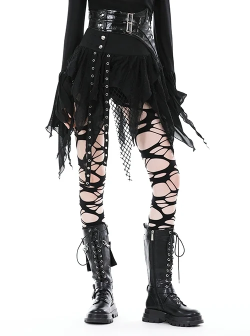 Personalized Black Irregular Mesh Metal Eyelet Webbing Punk Style Mini Skirt