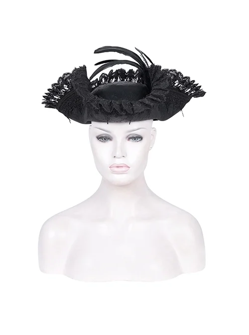 Personalized Black Lace Ruffles With Feather Decoration Gothic Pirate Tricorn Hat