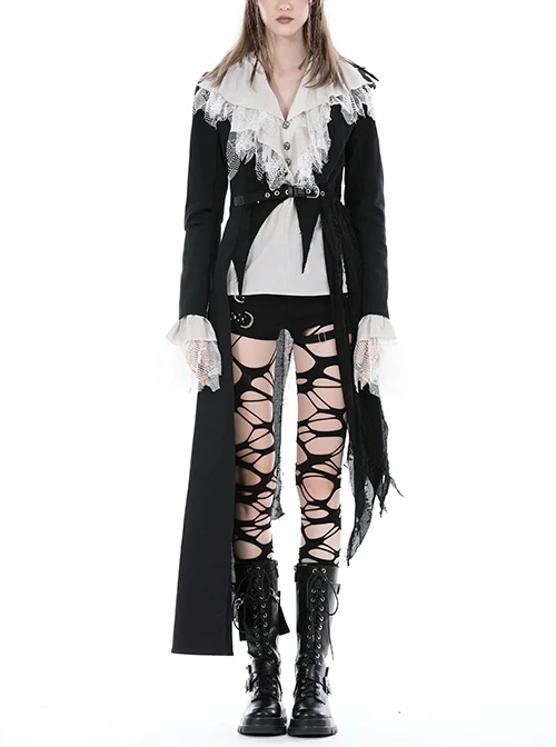 Personalized Black Lapel Irregular Tattered Hem Metal Eyelid Buckle Decoration Punk Style Long Sleeved Jacket