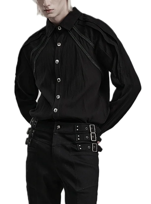 Personalized Black Light Pleated Woven Fabric With Hand-Stitched Button Webbing Decoration Gothic Style Long Sleeved T-Shirt