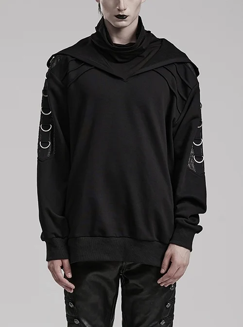 Personalized Black Micro Elastic Knitted Spliced Cracked Leather Punk Style Loose Hooded Jacket