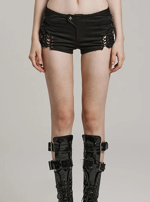 Personalized Black Micro Elastic Twill Woven Side Hollow Lace Up Punk Style Low Rise Shorts