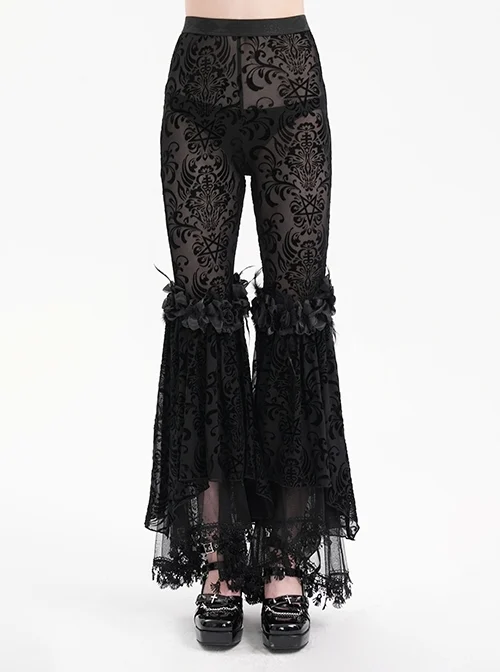 Personalized Black Micro Transparent Print Splicing Three Dimensional Lace Flower Trouser Legs Punk Style Slim Flared Pants