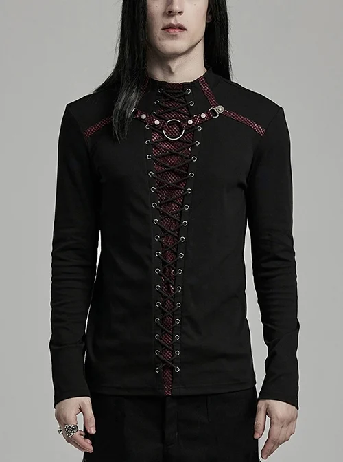 Personalized Black And Red Stretch Knitted Spliced Cracked Leather Mesh Front Metal Ring With Studs And Rope Design Punk Style Long Sleeved T-Shirt