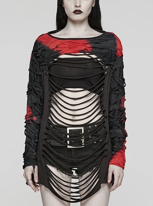 Personalized Black And Red Tattered Knitted Tie Dye Front And Back Hollow Punk Style Loose Long Sleeved T-Shirt