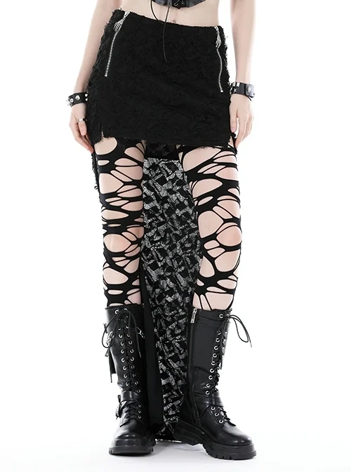 Personalized Black Ripped Side Metal Skull Zipper High Low Hem Punk Style Skirt
