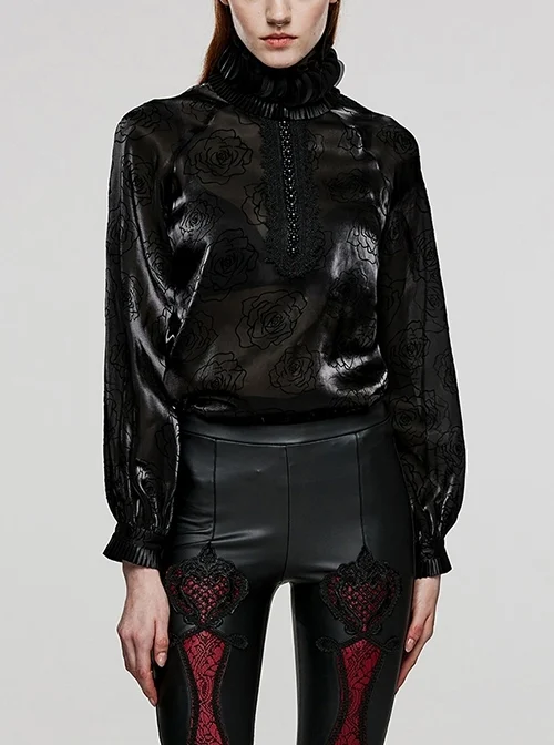 Personalized Black Rose Flocked Mesh High Collar Hook-Button Raglan Lantern Sleeve Design Gothic Style Long Sleeved Top