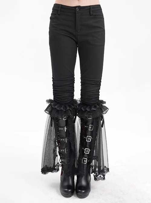 Personalized Black Simple Pleated Stitching Lace Mesh Fabric Gothic Style Pants