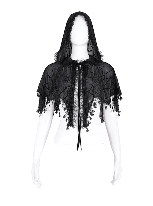 Personalized Black Slightly Transparent Spider Web Pattern With Exquisite Floral Lace Gothic Style Fashion Hooded Short Cloak