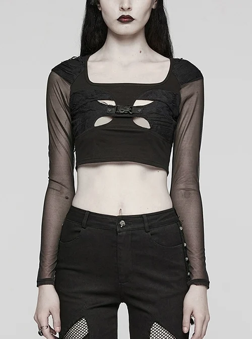 Personalized Black Stretch Knitted See Through Mesh Front And Back Hollow Skull Buckle Decoration Gothic Style Long Sleeved Top