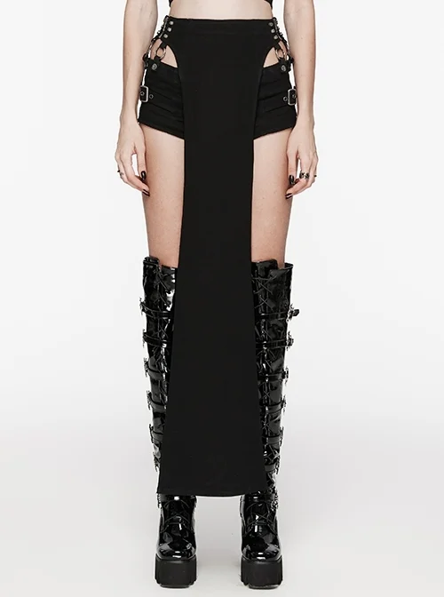 Personalized Black Stretch Twill Hollow Side Metal Ring Embellished Punk Style Patchwork Shorts