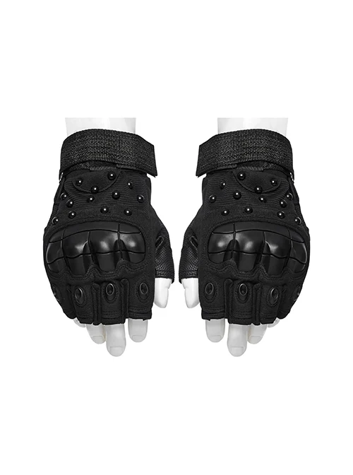 Personalized Black Suede Splicing Mesh Back Of Hand Protection Plate With Rivet Design Punk Style Adjustable Wear Resistant Gloves