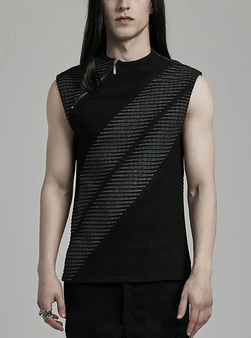 Personalized Black Three Dimensional Jacquard Twill Knitted Front Collar Zipper Design Punk Style Rebellious Vest