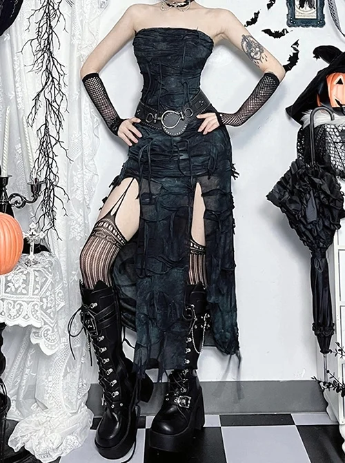 Personalized Black Wasteland Tattered Asymmetrical Slit Punk Style Tube Top Dress
