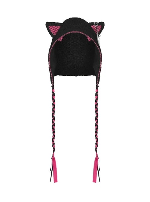 Personalized Black Woven Strap Original Plaid Cat Ears Gothic Plush Hat