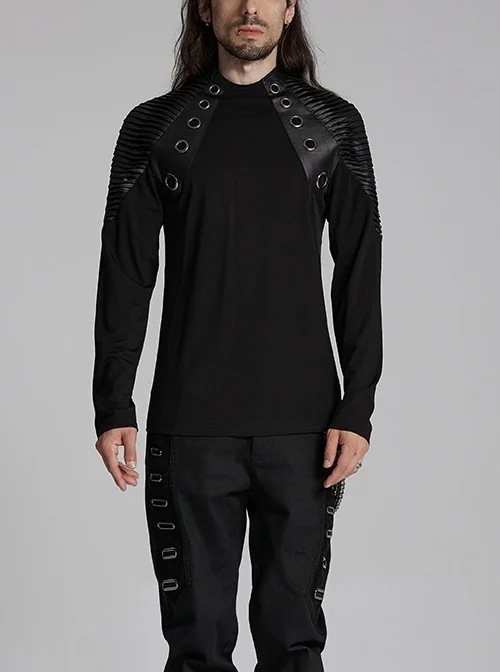 Personalized Elastic Knitted Shoulder Stitching Three Dimensional Pleated Faux Leather Decoration Punk Style Zipper Long Sleeved T-Shirt