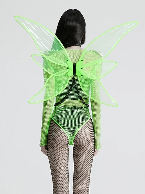 Personalized Green Fantasy Color Simulation Elastic Rubber Band With Hanging Neck Chain Punk Style Fluorescent Butterfly Wings Harness