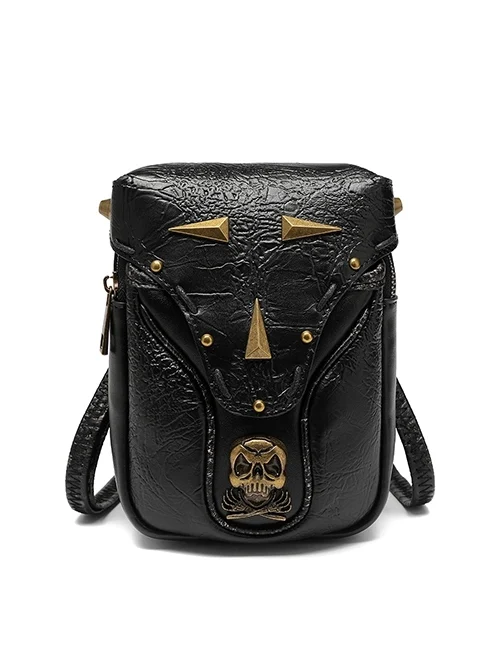 Personalized Handsome Black PU Leather Metal Skull Decoration Punk Style Mini Motorcycle Shoulder Bag