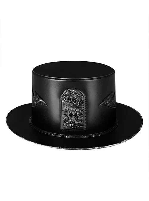 Personalized Retro Black PU Leather Skull Tall Dome Punk Gentleman Top Hat