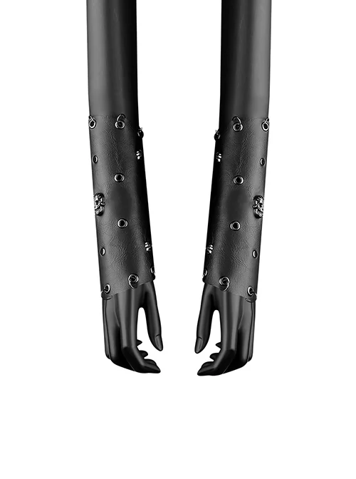 Personalized Retro Black PU Leather Strap Perforated Alloy Skull Pattern Punk Style Wristband