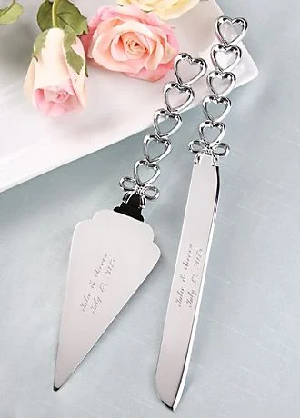 Personalized Silver Hearts Cake Knife and Server