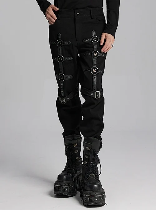 Personalized Twill Woven Patchwork Layer Laminated Front Metal Ring With Eyelet Decorative Loop Design Punk Style Handsome Trousers