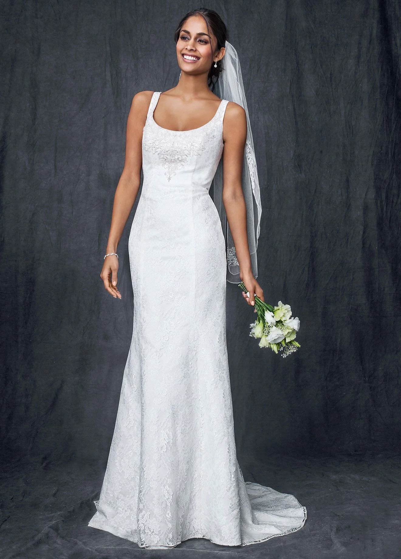Petite All Over Lace Tank Gown with Illusion Back