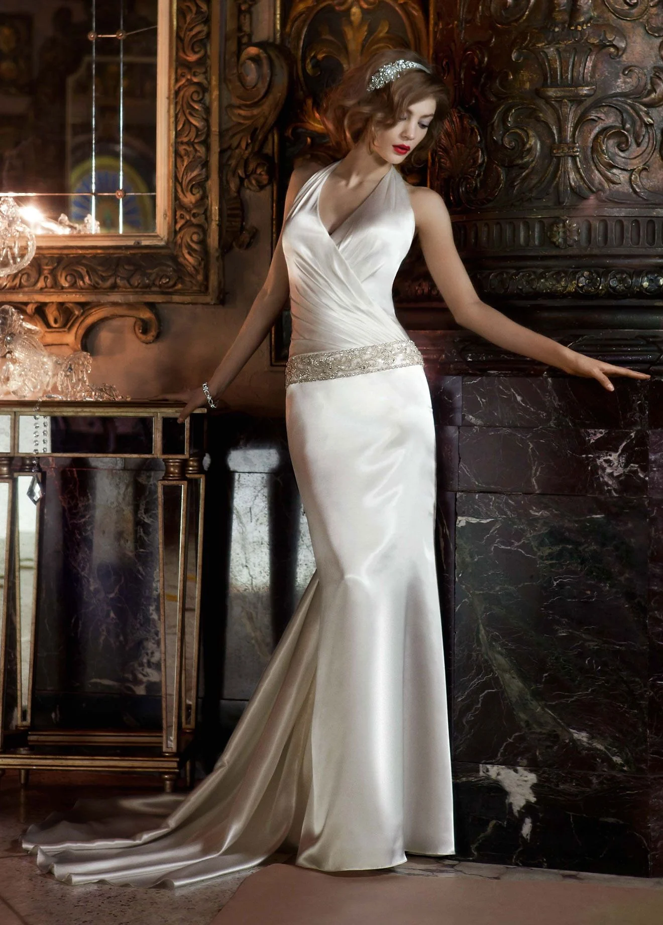 Petite Halter with Ruched Surplice Bodice
