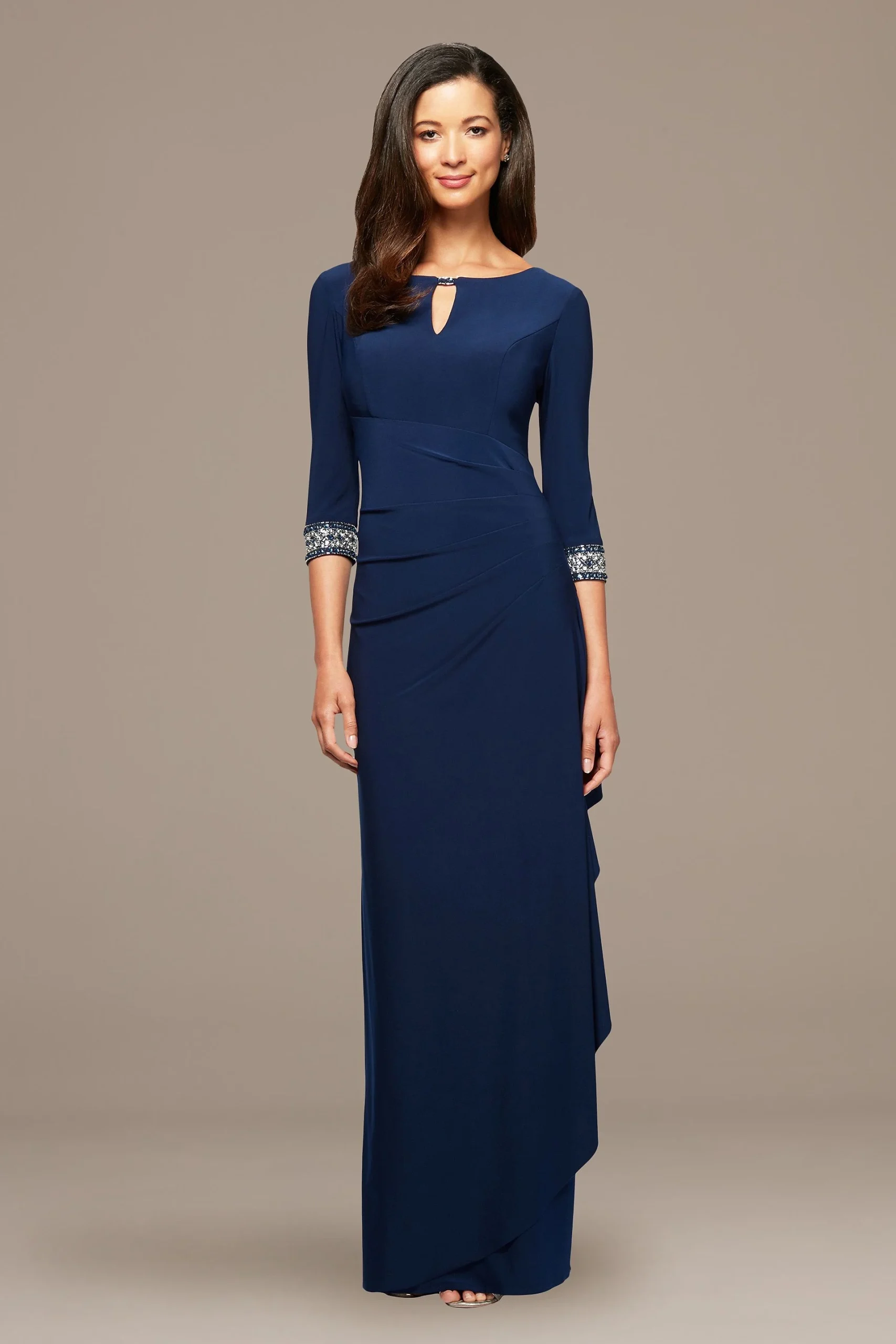 Petite A-Line Cascade Dress with Beaded Sleeves