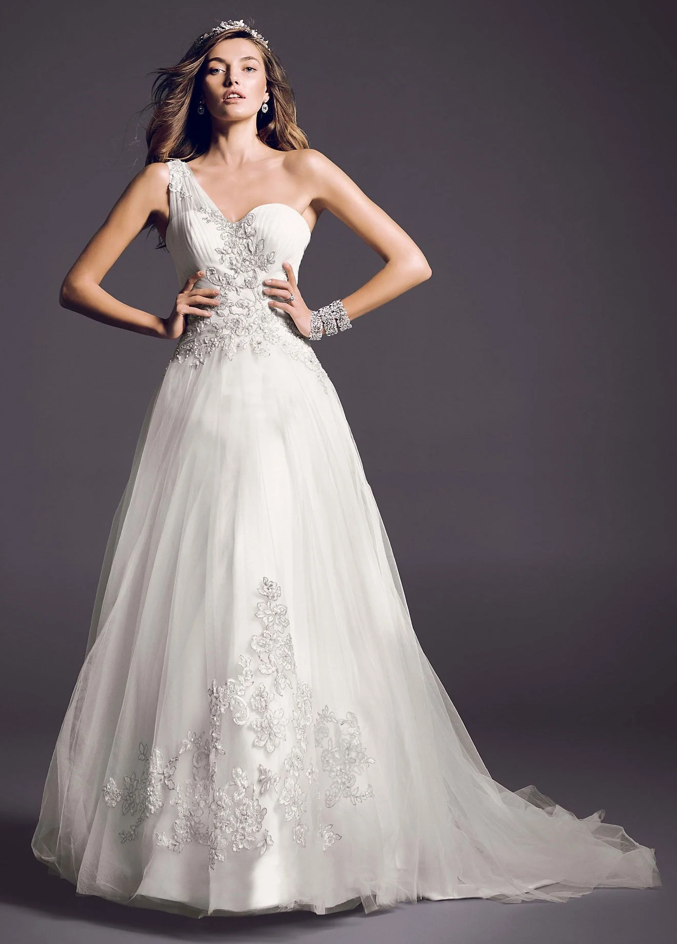 Petite One Shoulder Tulle Ball Gown with Lace
