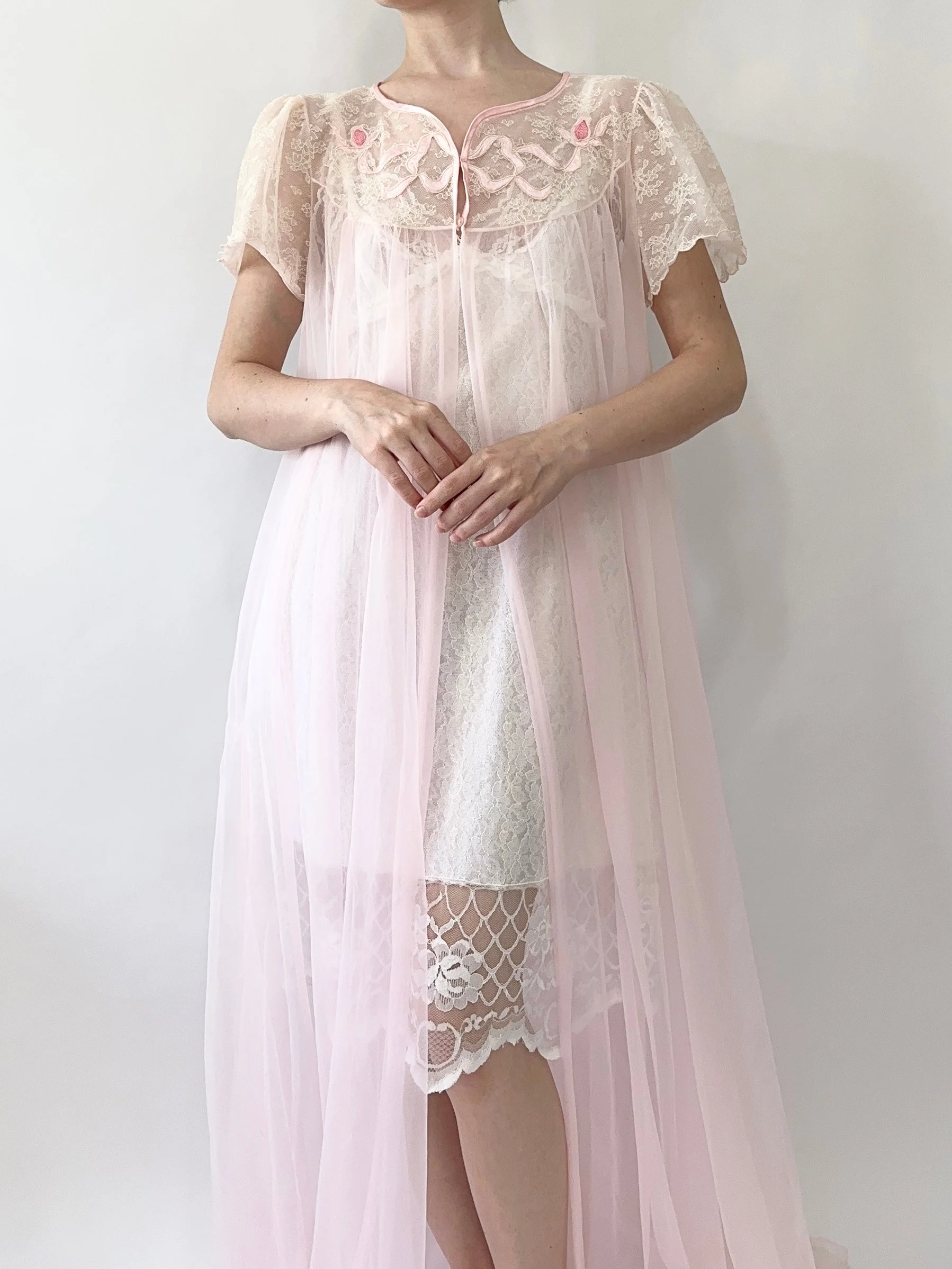 Pink Bow 70s Sheer Peignoir (M)