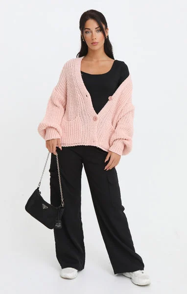 Pink Button Front Cable Detail Balloon Sleeve Pocket Detail Chunky Knit Cardigan - Ava