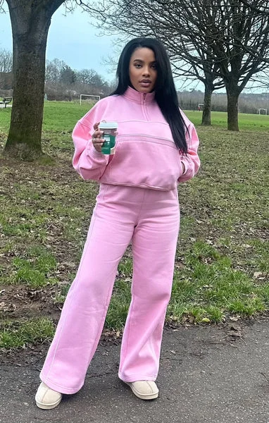 Pink Contrast Striped Stand Collar Sweatshirt With Wide Leg Trouser - Elara