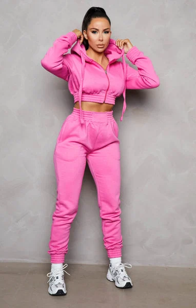 Pink Cropped Zip Front Elasticated Hem Hoodie And High Waisted Jogger Loungewear Set - Addisyn