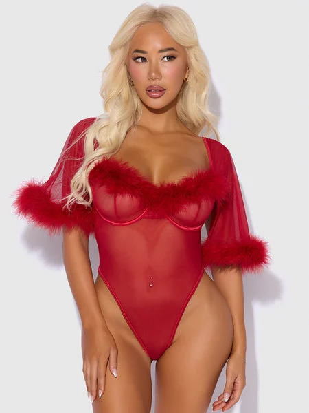 PINK DRAGON MARABOU & MESH BELL-SLEEVED BODYSUIT