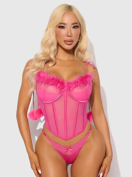 PINK DRAGON MARABOU & MESH TIE SHOULDER BUSTIER & G-STRING SET
