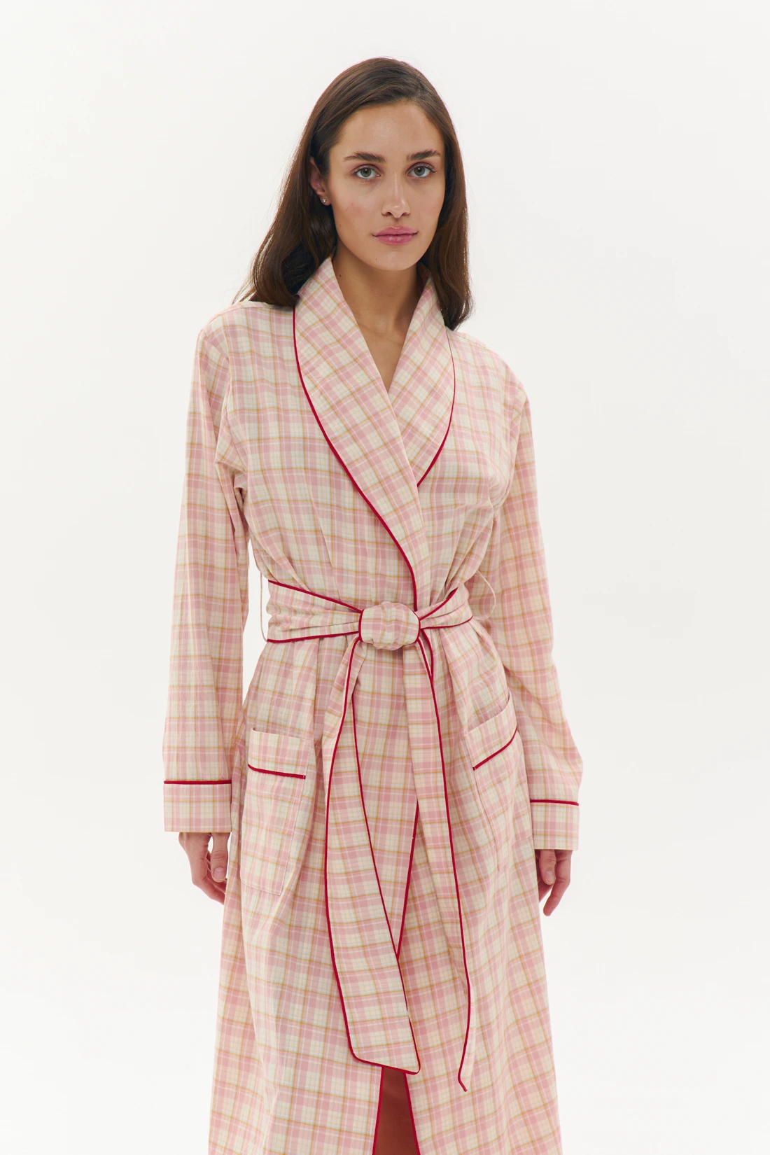 Pink Flannel Cotton Dressing Gown in Gingham Check